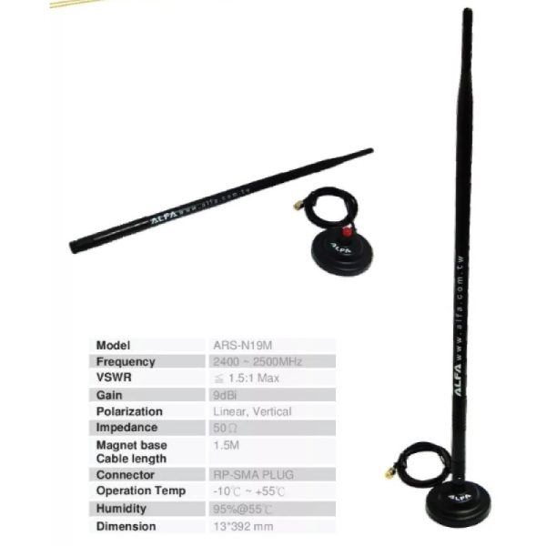 Alfa ARS-N19 + 2.4 Ghz 9dBi Wireless Wi-Fi RP-SMA Dipole Omni Antenna + Magbase