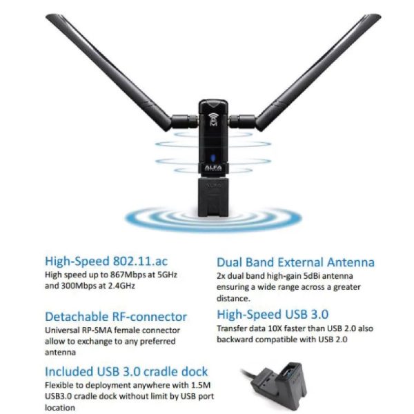 Alfa AWUS036ACM 802.11ac Dual Band Mimo Strong WiFi USB Kali Linux Compatible
